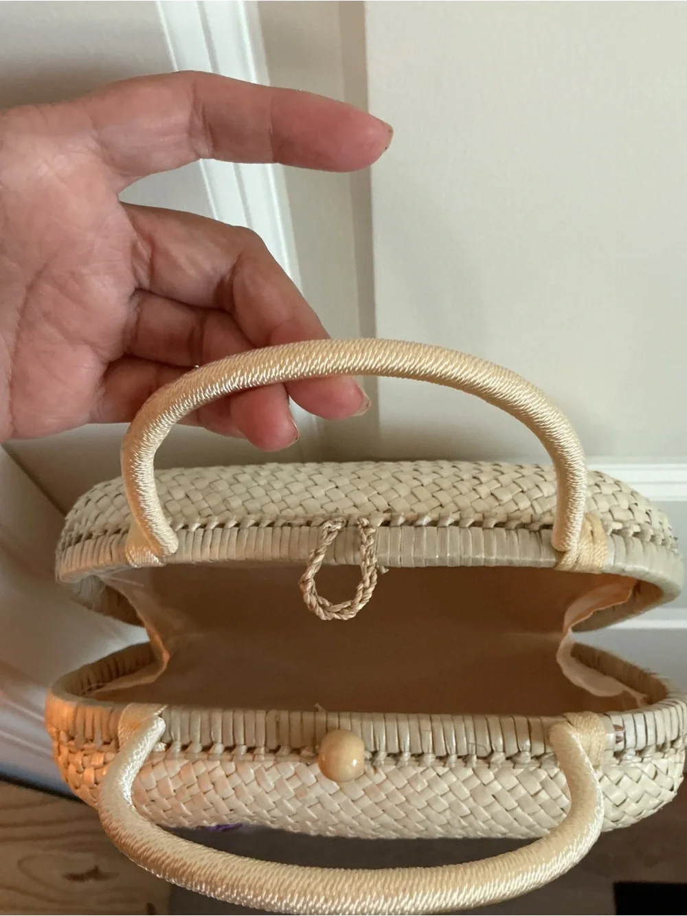 Woven Straw Top-Handle Bag with Purple Floral Embroidery - Picture 7 of 7